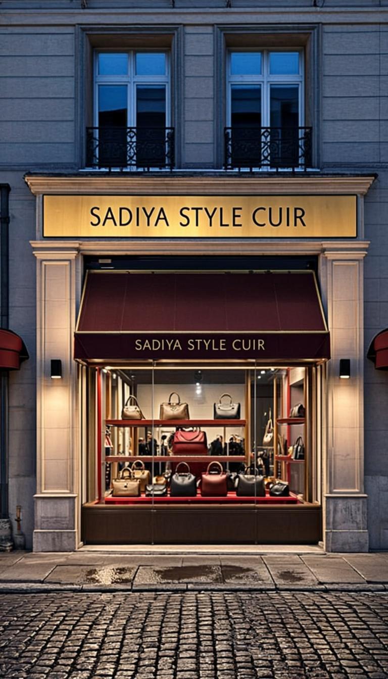 Façade de la boutique SADIYA STYLE CUIR — enseigne dorée, store bordeaux, vitrine de sacs et maroquinerie, pavés humides.